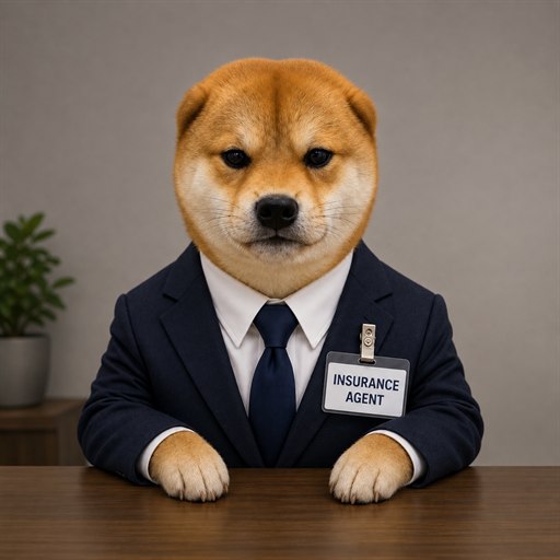 A shiba inu in a navy suit and tie, sitting at a desk with an Insurance Agent badge